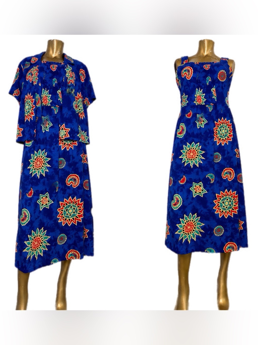 Vintage Silver Stream 100% Rayon Blue Sun Print Smocked 3-piece skirt set